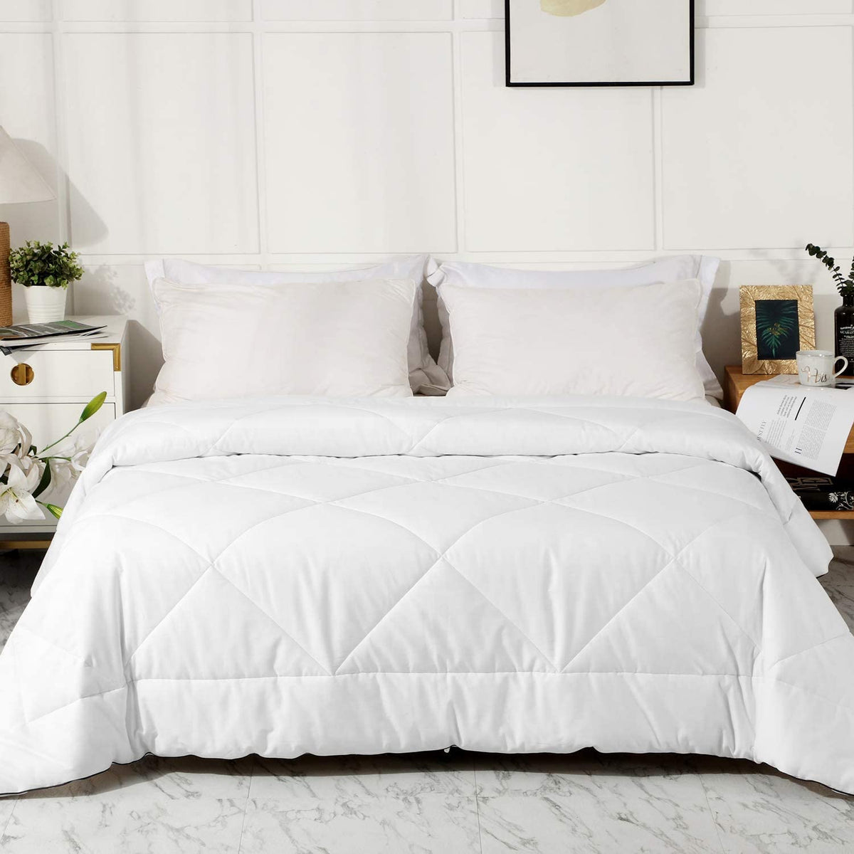 2026 Premium Upgraded Non-Vacuum Bed Quilt All Seasons 100% Cotton Filled Comforter - Reversible Lightweight Soft Breathable Fluffy (Pure White, Twin)