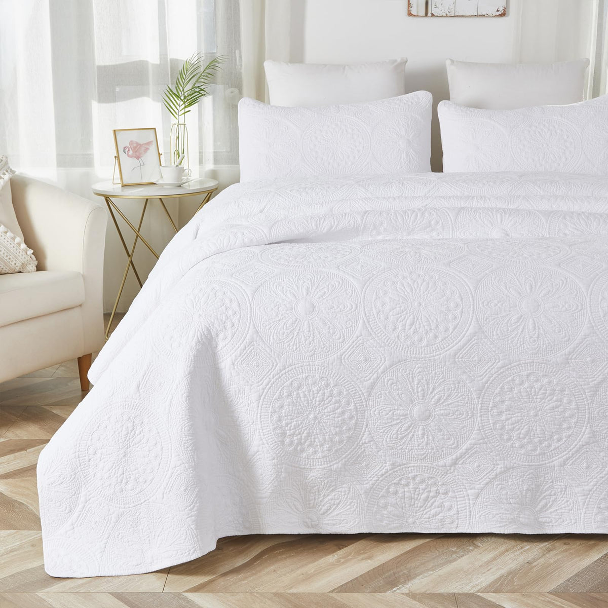 Brandream Queen Size Quilt Set Cotton Beige Quilts Luxury Medallion Matelasse Coverlet Set 3-Piece