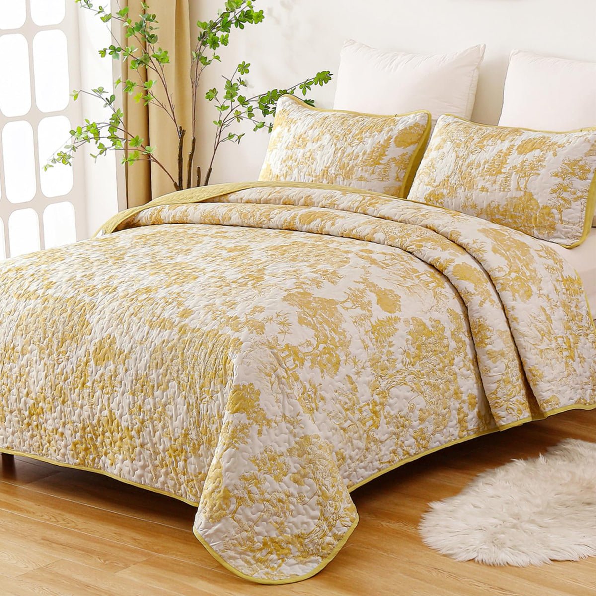 WONGS BEDDING Sage Green Quilt Set King Size, Botanical Floral Bedspread