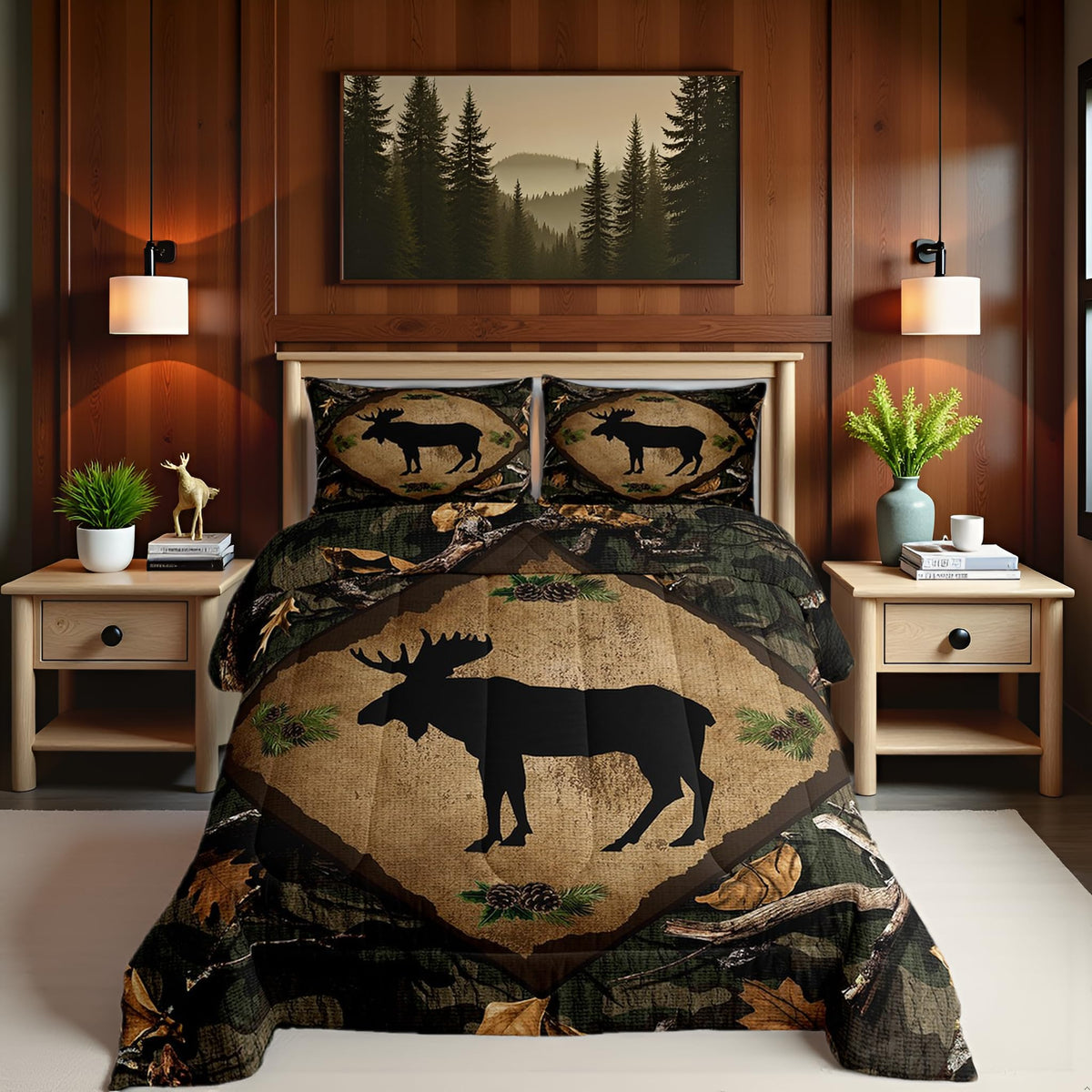 Homewish Jungle Cabin Comforter Set,Moose Animal Pine Trees Bedding Sets for Kids Teens Adults,Retro Wooden Stripes Rustic Farmhouse Quilted Comforter with 2 Pillowcases Queen Size 3 Pcs