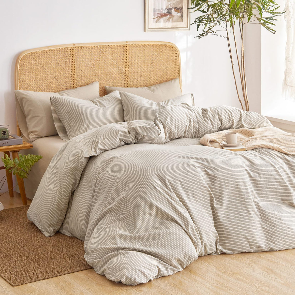 Wake In Cloud Striped Cotton Duvet Cover Set, Greyish Blue, Full