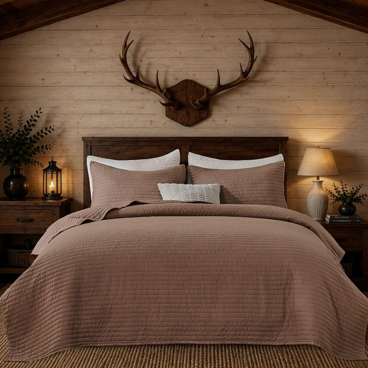 DOWN HOME King Quilt Bedding Set with Shams, Vintage Washed Quilted Blanket Thin Comforter Lightweight Bedspread Coverlet Bed Cover, Brushed Microfiber Stripe Stitching, Sandstone Brown, 104"x90"