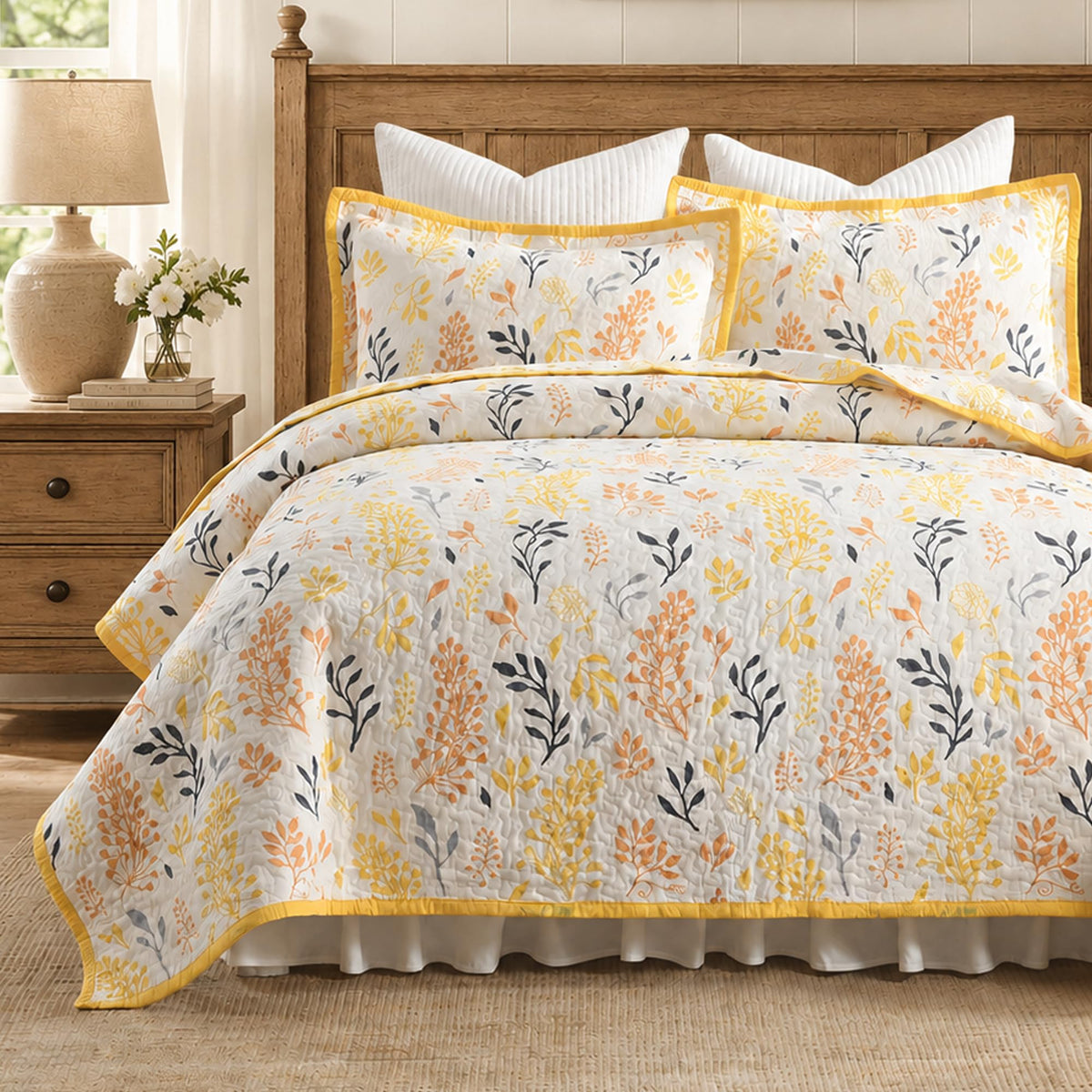 100% Cotton King Quilt Set Taupe Floral Bedding and 2 Pillow Shams