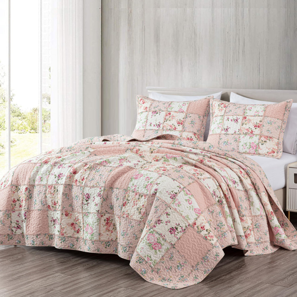 Chezmoi Collection Abbi 2-Piece Pink Shabby Chic Bedding Twin Quilt Set Pre-Washed Cotton Floral Coverlet Bedspread Ruffled Patchwork Quilt, Twin Size