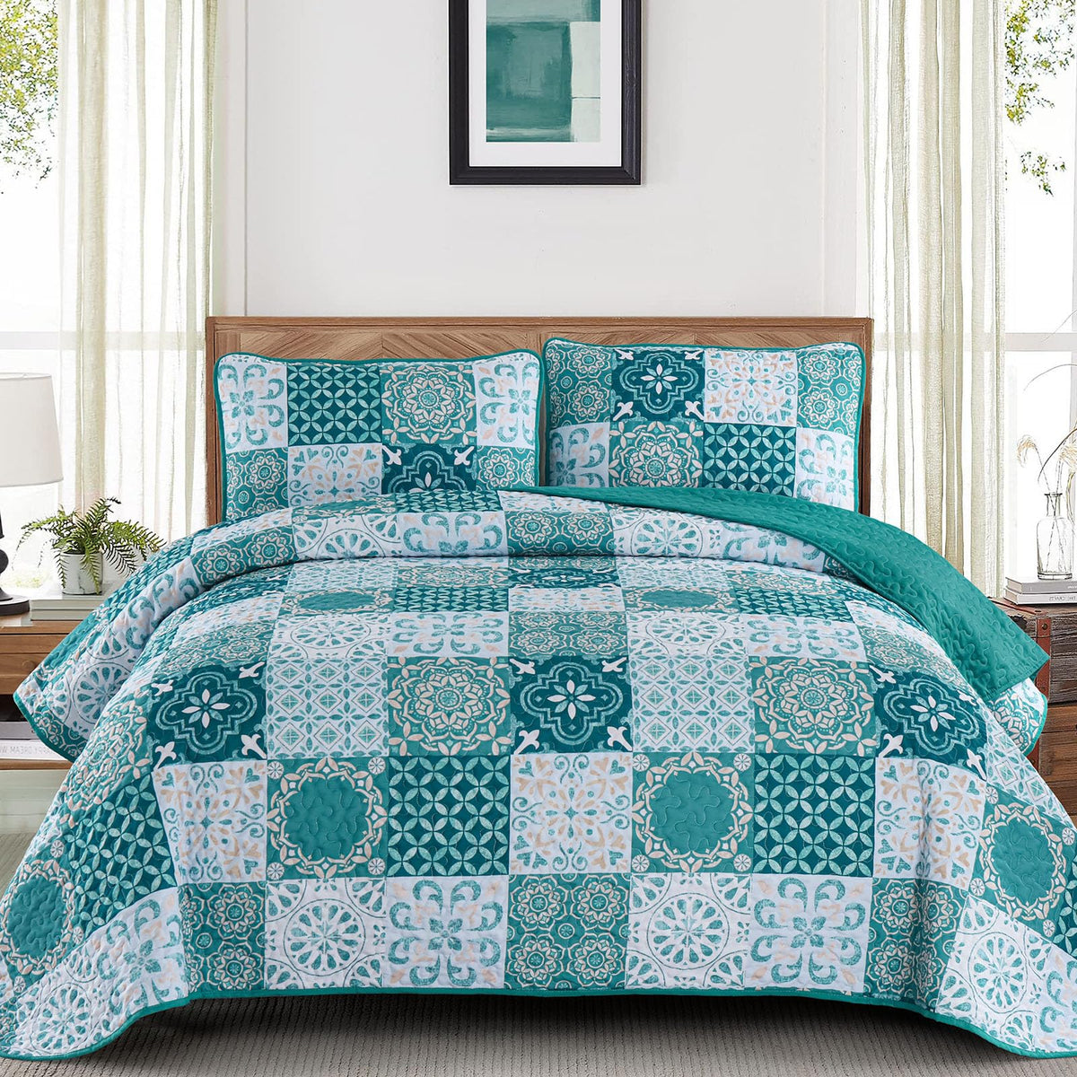 Dobuyly Queen Quilt Set Aqua Blue Patchwork Bedspread 3 Piece