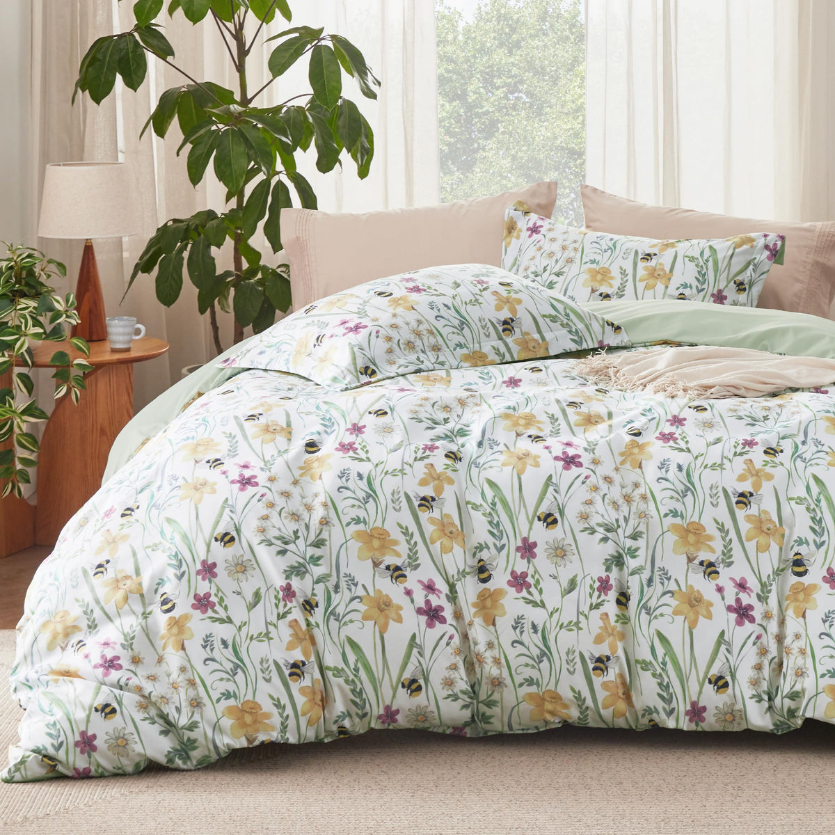 Bedsure Duvet Cover Queen Size - Reversible Green Queen Duvet Cover Set with Zipper Closure, 3 Pieces Floral Patterned Bedding Set with 8 Corner Ties and 2 Pillow Shams