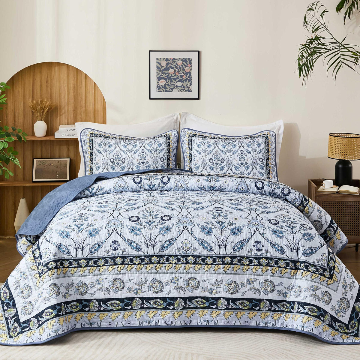 DJY King Size Quilt Sets, Burgundy Floral Quilt Set King 3 Pieces Red Boho Bedspread Coverlet Set with 2 Pillowcases Soft Lightweight Microfiber Bedding for All Season (104"x90")