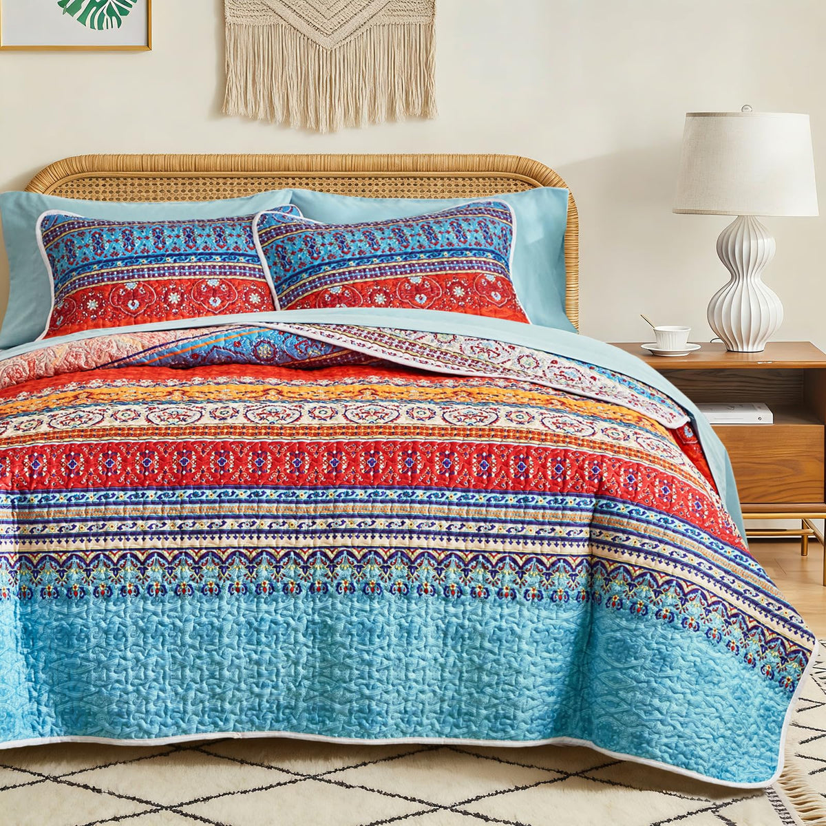 3 Pieces Colorful Boho Quilt Set Full Queen Size, Purple n Grey Bohemian Striped Printed Bedding Bedspread Coverlet Set for Summer, Soft Lightweight Microfiber Quilt with 2 Shams (88x88 inces)