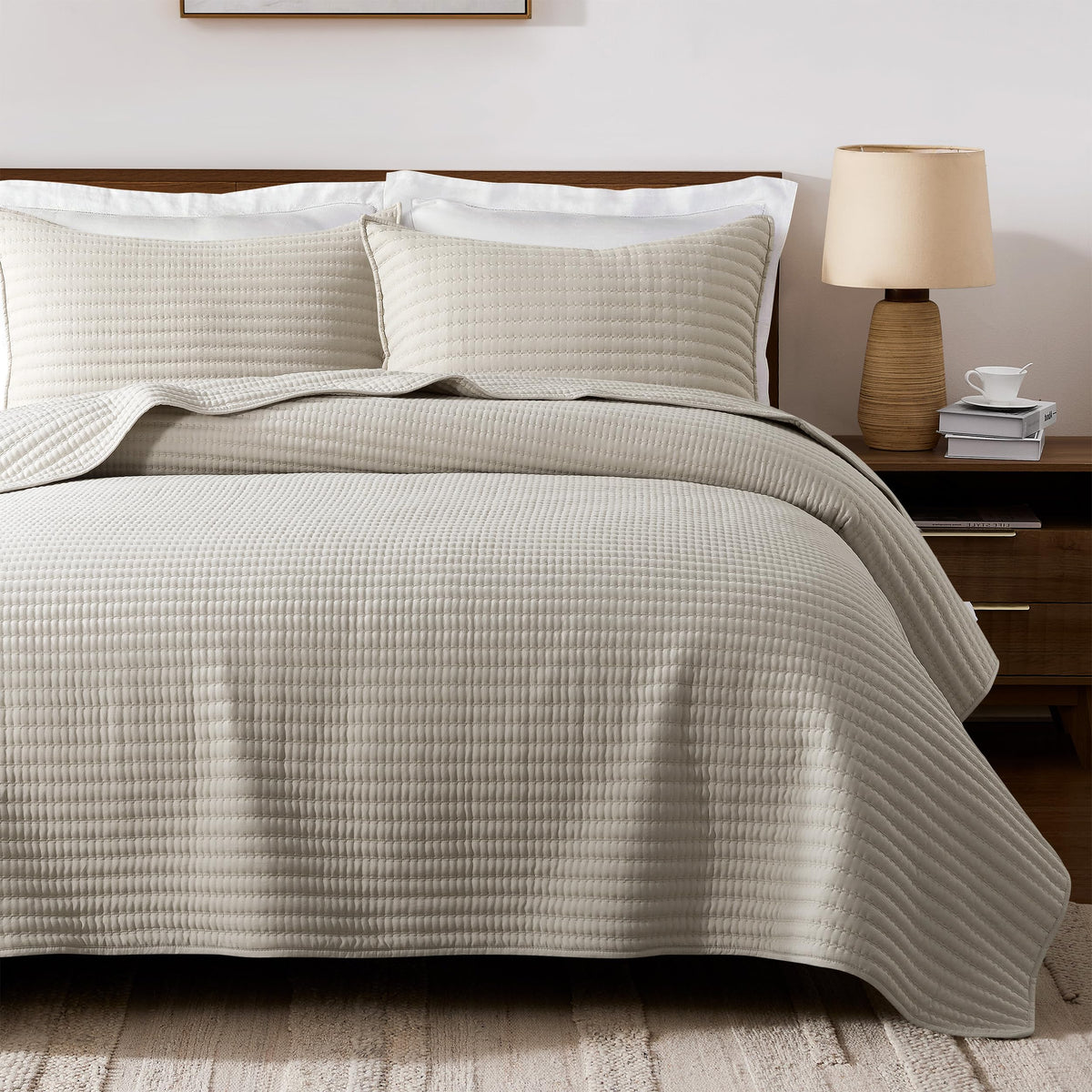palassio King Quilt Bedding Set Channel Pick Stitch Striped Beige Coverlet