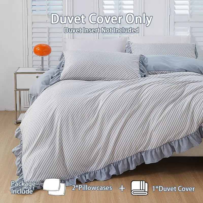 Striped Duvet Cover Set, Ruffled Design, Includes 1 Duvet Cover Without Comforter+ 2 Pillowcases Without PIllow Inserts, Soft and Comfortable, Comfy Bed Sets, Suitable for All Seasons