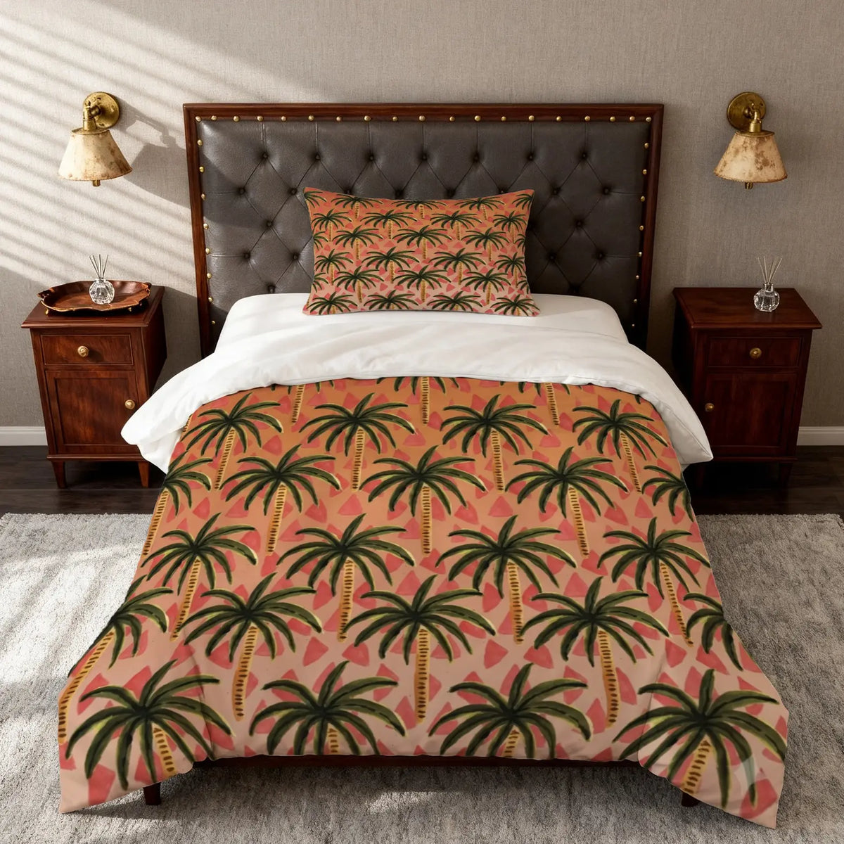 Tropical Palm Tree Print Duvet Cover Set, 2/3 Pieces (1 Duvet Cover and 1/2 Pillowcases), Pillow Inserts and Comforter Insert Not Included, Coastal Vacation Style Single-Sided Printed Soft and Comfortable Bedding, Suitable for Bedroom, Dorm, Apartment and