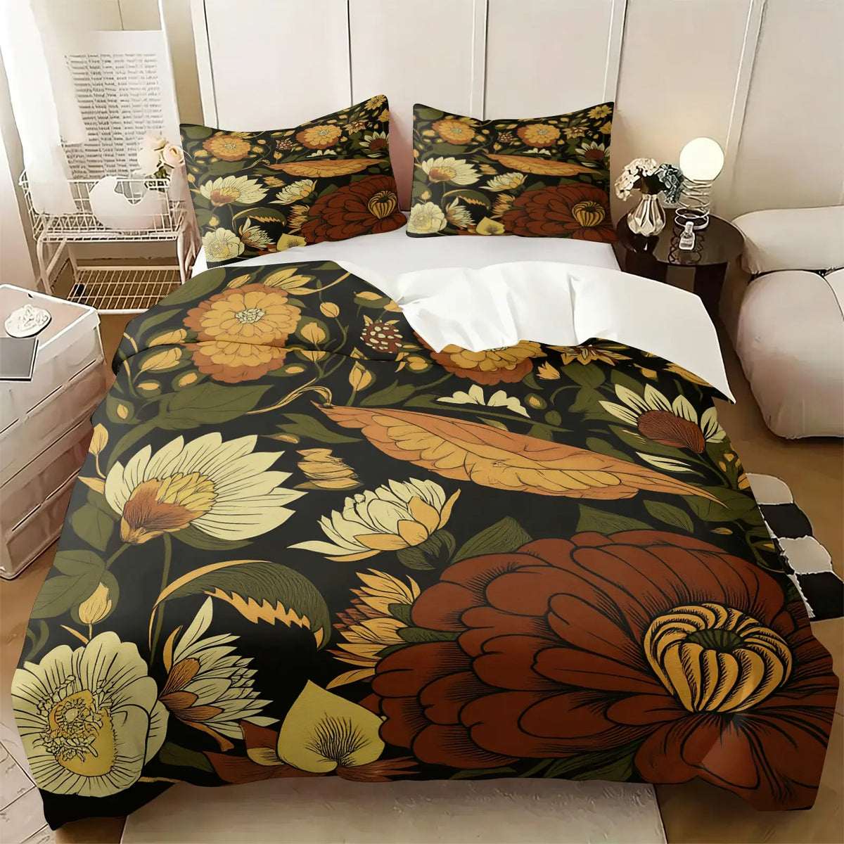 2/3Pcs Boho Floral Duvet Cover Set, Vibrant Tropical Botanical Comforter Cover, Black Background Bohemian Bedding Set with Pillowcases, No Filler, For Women Teen Girls Bedroom Dorm Apartment Home Decor