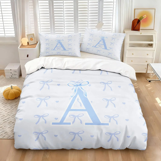 2/3Pcs Preppy Light Blue Bow Initial A-Z Duvet Cover Set, Watercolor Ribbon Heart Print Comforter Cover, Soft Girly Bedding Set with Pillowcases, No Filler, For Teen Girls Bedroom Dorm Home Decor