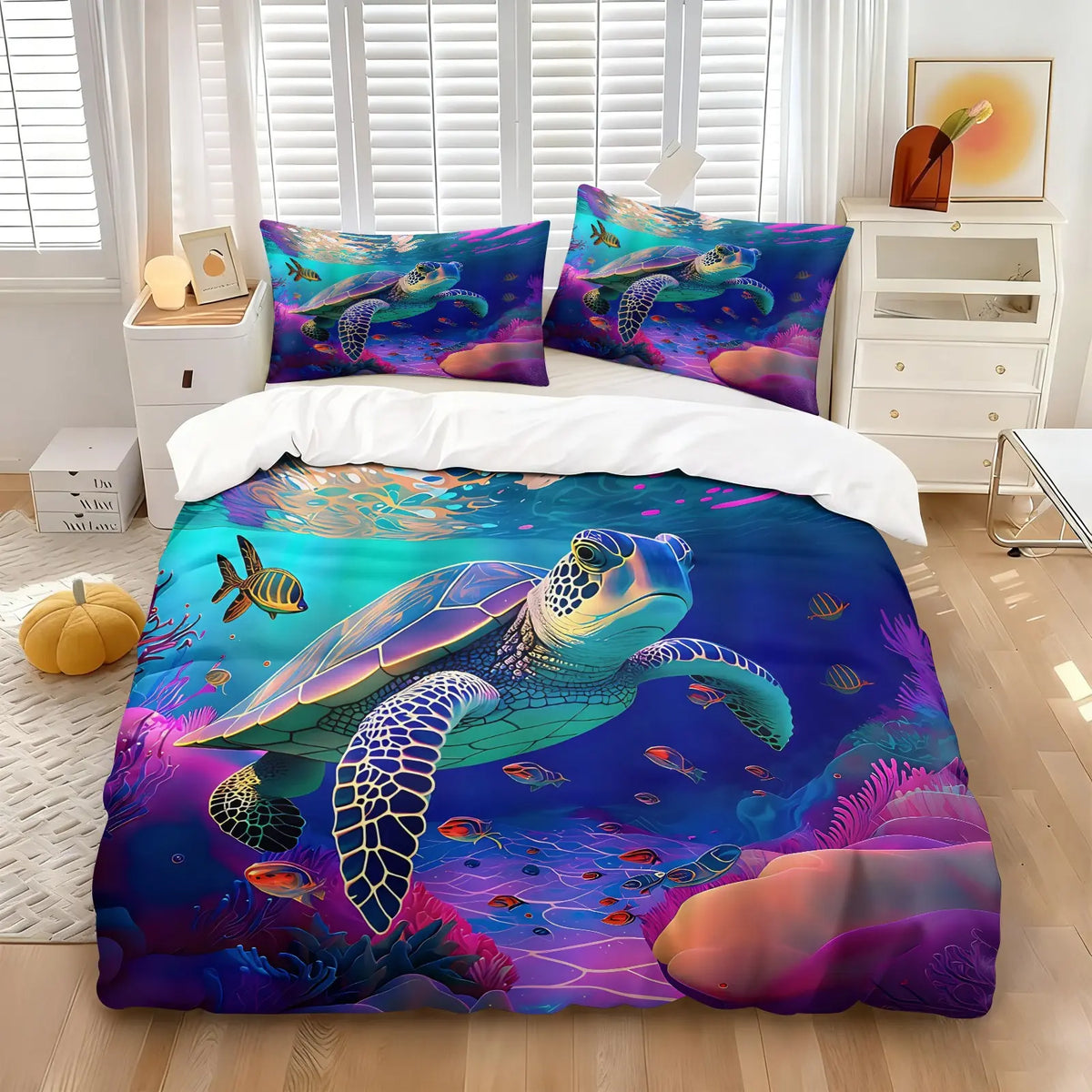 2/3Pcs Ultra Soft Polyester 2Pcs Psychedelic Neon Sea Turtle Coral Reef Duvet Cover Set Easy Care Washable Comforter Cover With Pillowcase Trendy Vibrant Ocean Pattern Home Bedding Decoration