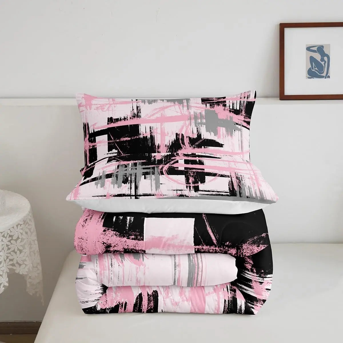 Feelyou Multi-Size Bedroom Bedding Set - Pink, Grey, Black Abstract Geometric Striped Breathable Duvet Set with Home Decor Pillow, Travel-Friendly (Fits Twin and Queen Size Comforter Needs)