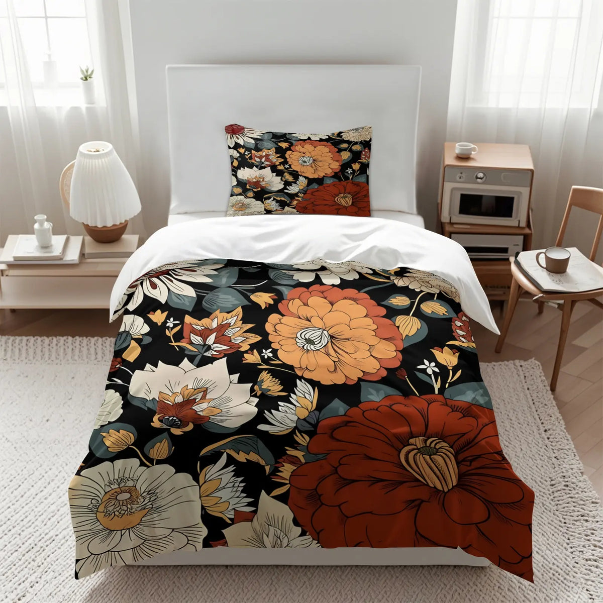 2/3Pcs Boho Floral Duvet Cover Set, Vibrant Tropical Botanical Comforter Cover, Black Background Bohemian Bedding Set with Pillowcases, No Filler, For Women Teen Girls Bedroom Dorm Apartment Home Decor