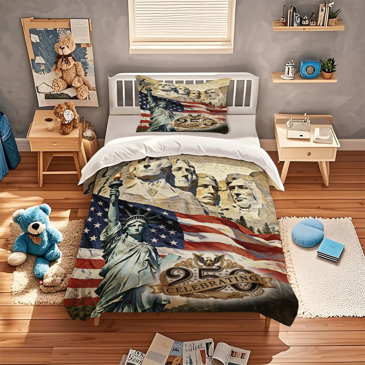 American 250th Anniversary Pattern Quilt Cover Set, Soft And Comfortable Bedding Set (1 Duvet Cover + 1/2 Pillowcase, No Filler), Suitable For Teenagers And Adults, Bedroom, Dormitory, Guest Room Scene