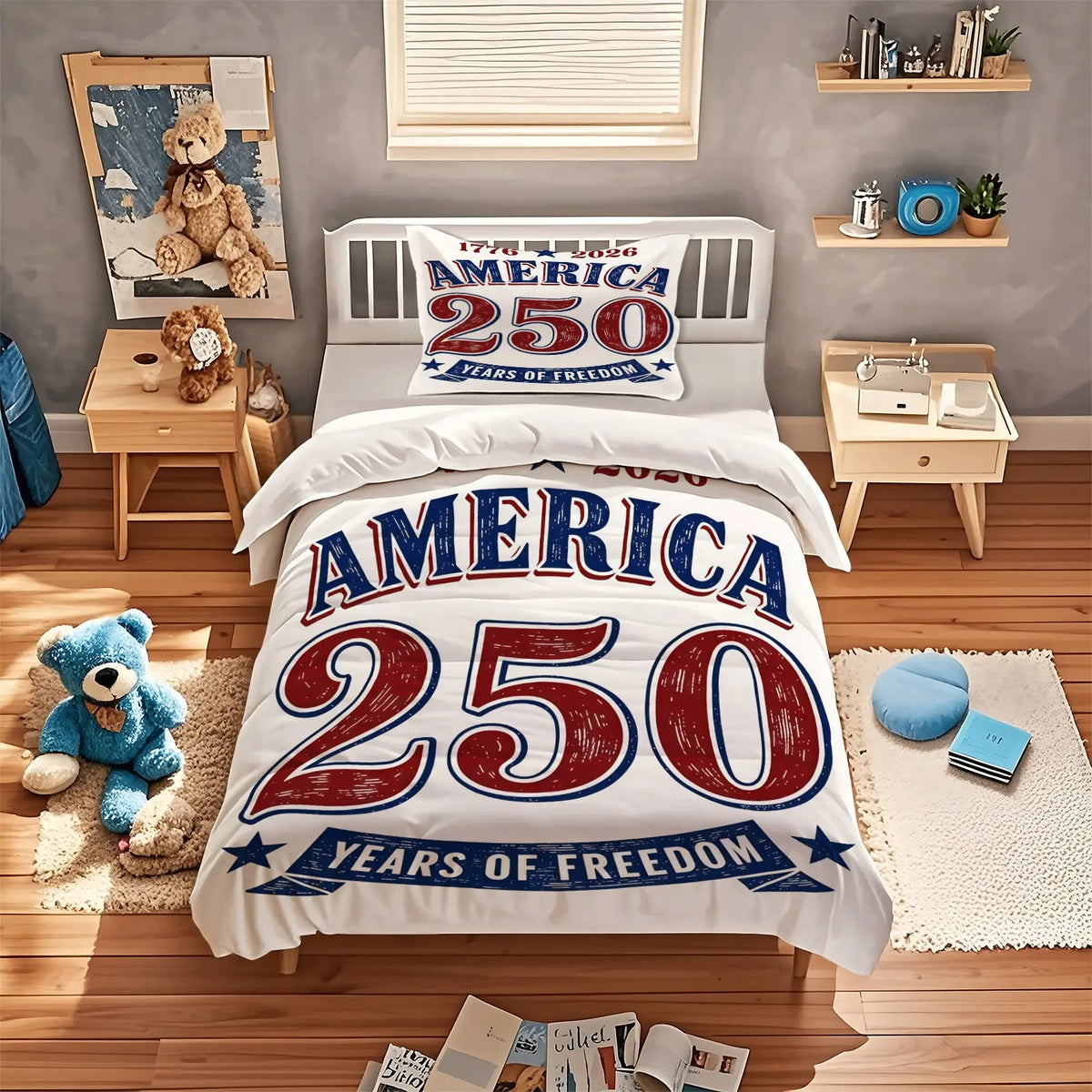 American 250th Anniversary Pattern Quilt Cover Set, Soft And Comfortable Bedding Set (1 Duvet Cover + 1/2 Pillowcase, No Filler), Suitable For Teenagers And Adults, Bedroom, Dormitory, Guest Room Scene