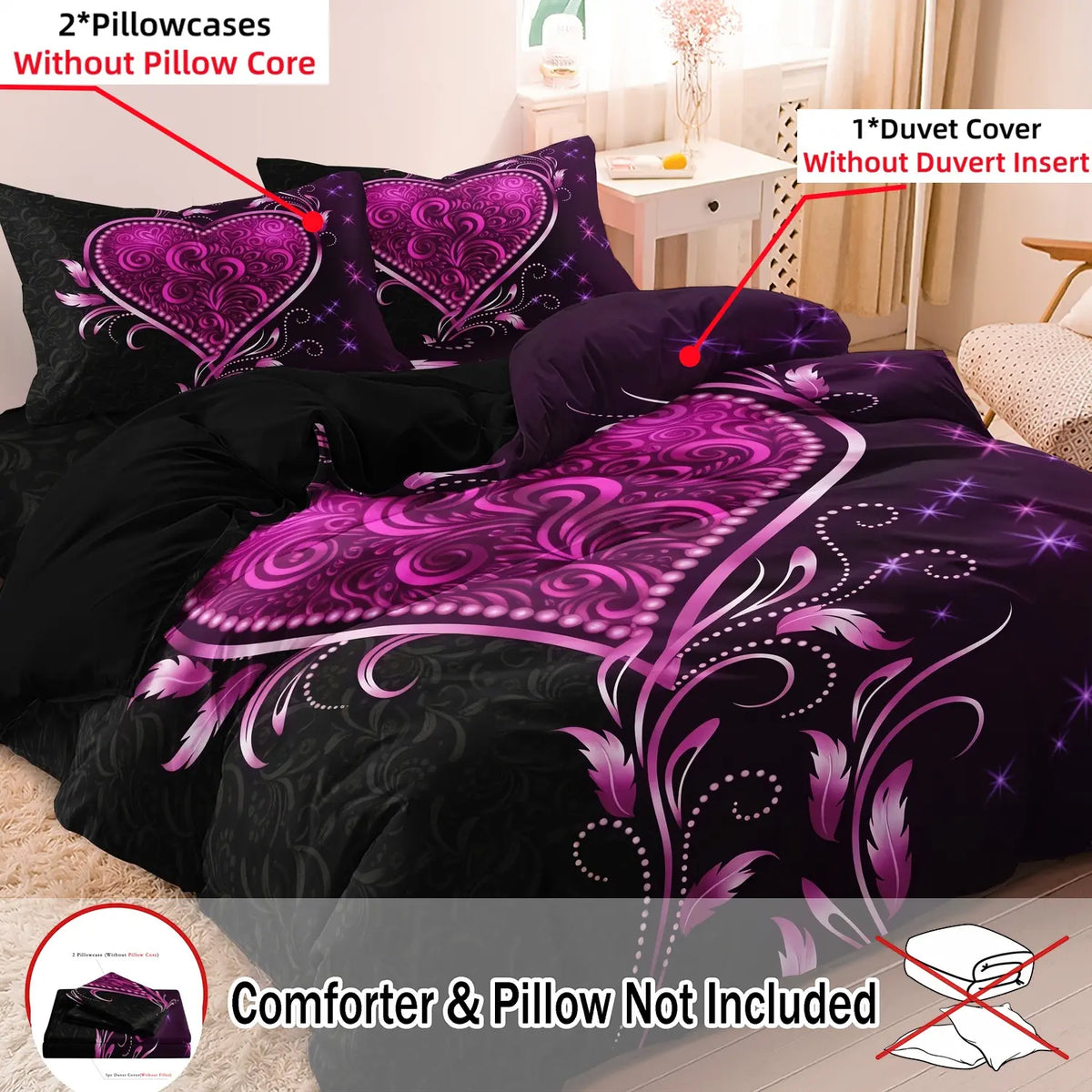 3 PCS Deep Red Rose Heart Design Duvet Cover Set, Bed Covers, Comfy Bedding Sets Decorative Bedding for Bedroom & Hotel, Holiday Gift (1 Duvet Cover + 2 Pillowcases, No Comforter, No Pillow Insert) #GLOBAL PICKS