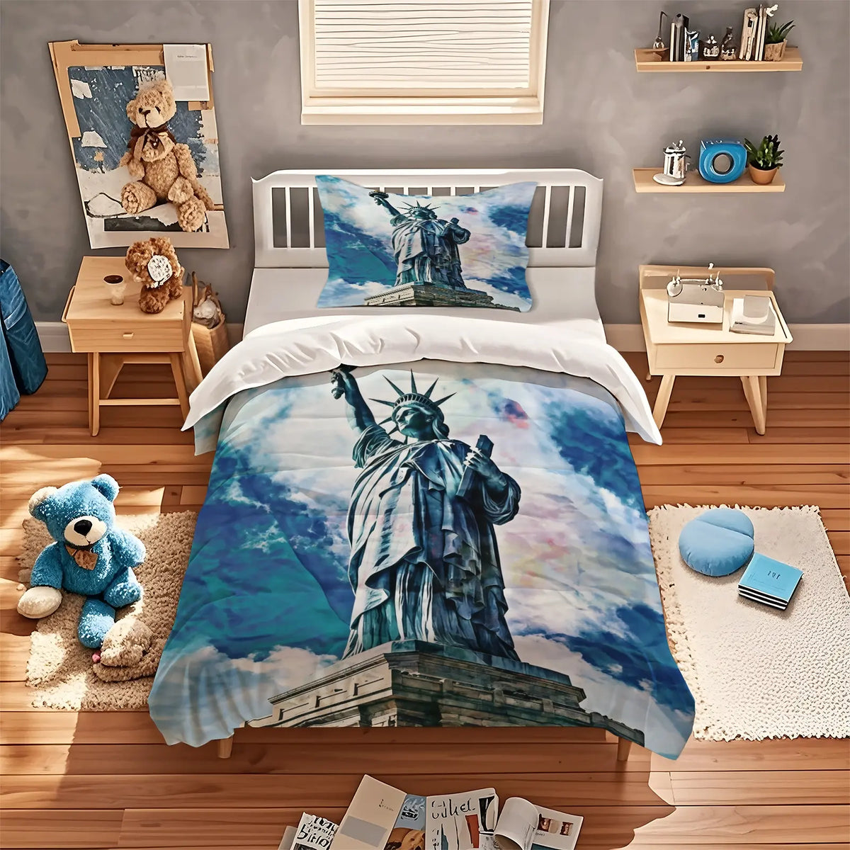 American 250th Anniversary Pattern Quilt Cover Set, Soft And Comfortable Bedding Set (1 Duvet Cover + 1/2 Pillowcase, No Filler), Suitable For Teenagers And Adults, Bedroom, Dormitory, Guest Room Scene