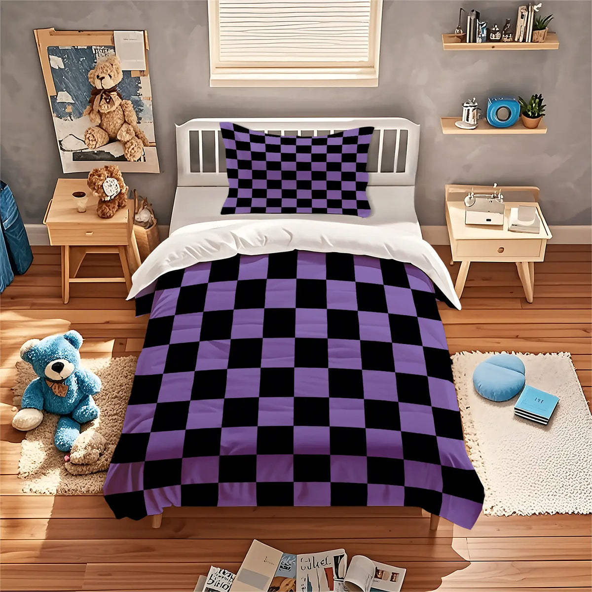 2/3Pcs Purple Black Checkerboard Duvet Cover Set, Grid Print Comforter Cover, Soft Microfiber Bedding Set (No Filler), Trendy Check Bed Set for Teens, Bedroom & Dorm Decor
