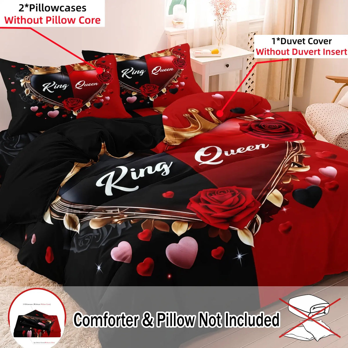 3 PCS Deep Red Rose Heart Design Duvet Cover Set, Bed Covers, Comfy Bedding Sets Decorative Bedding for Bedroom & Hotel, Holiday Gift (1 Duvet Cover + 2 Pillowcases, No Comforter, No Pillow Insert) #GLOBAL PICKS