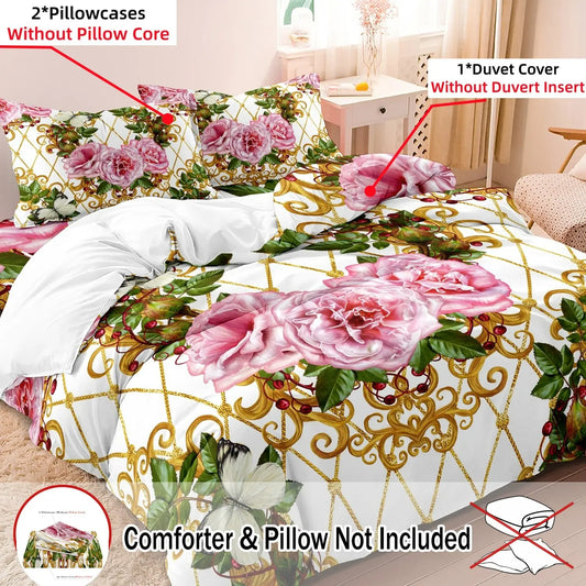 3pcs Set Luxury Style Floral Pattern Bedding Duvet Cover Set, Decorative Duvet Cover, Machine Washable Duvet, 1 Set Including 1 Duvet Cover & 2 Pillowcases without Filler, Soft Comfortable Comfy Bed Sets for Home Bedroom Hotel