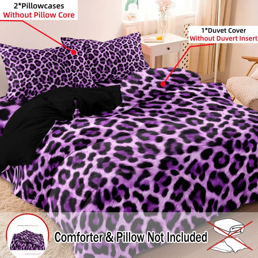 3pcs Purple Leopard Print Fashion Decorative Duvet Cover Set 1 Duvet Cover + 2 Pillowcases Without Pillow Inserts, Four Seasons Home Dorm High-Definition Printed Luxury Bedroom Patterned Bedding Set