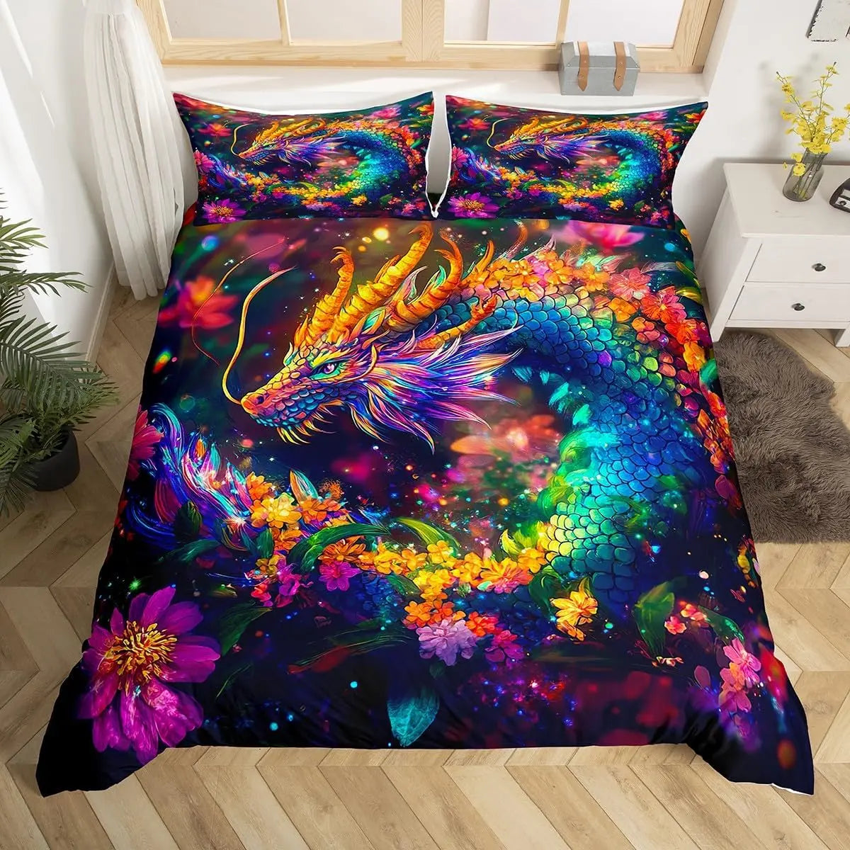 Feelyou 3D Flower Dragon Print Wildlife Duvet Cover Set - Soft Texture, Comfy Bedding Sets, Breathable, All-Season Microfiber Quilt Cover with Zipper Closure, Machine-Washable, Vibrant Decor for Bedroom (No Filler/Comforter)