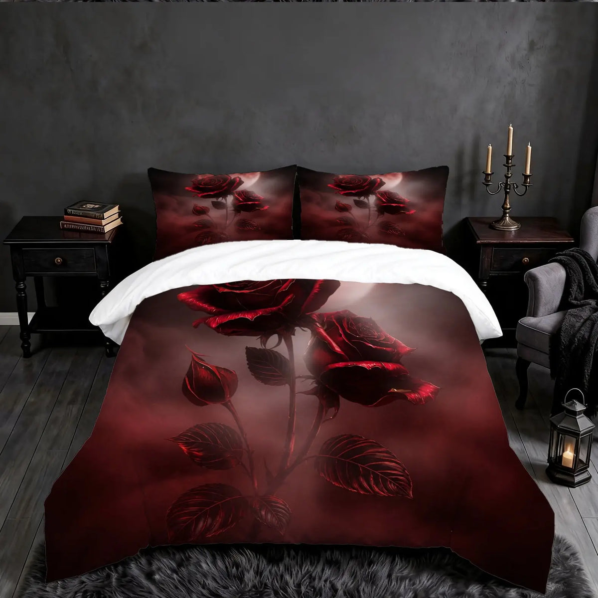 2/3Pcs Gothic Night‑Moon Red Rose Decorative Duvet Cover Set, Dark Romantic‑Style Digital Printed Bedding, No Core, Soft Machine‑Washable Quilt Cover, Perfect for Bedroom, Dorm & Gothic‑Style Enthusiasts, Ideal Home Decor Gift