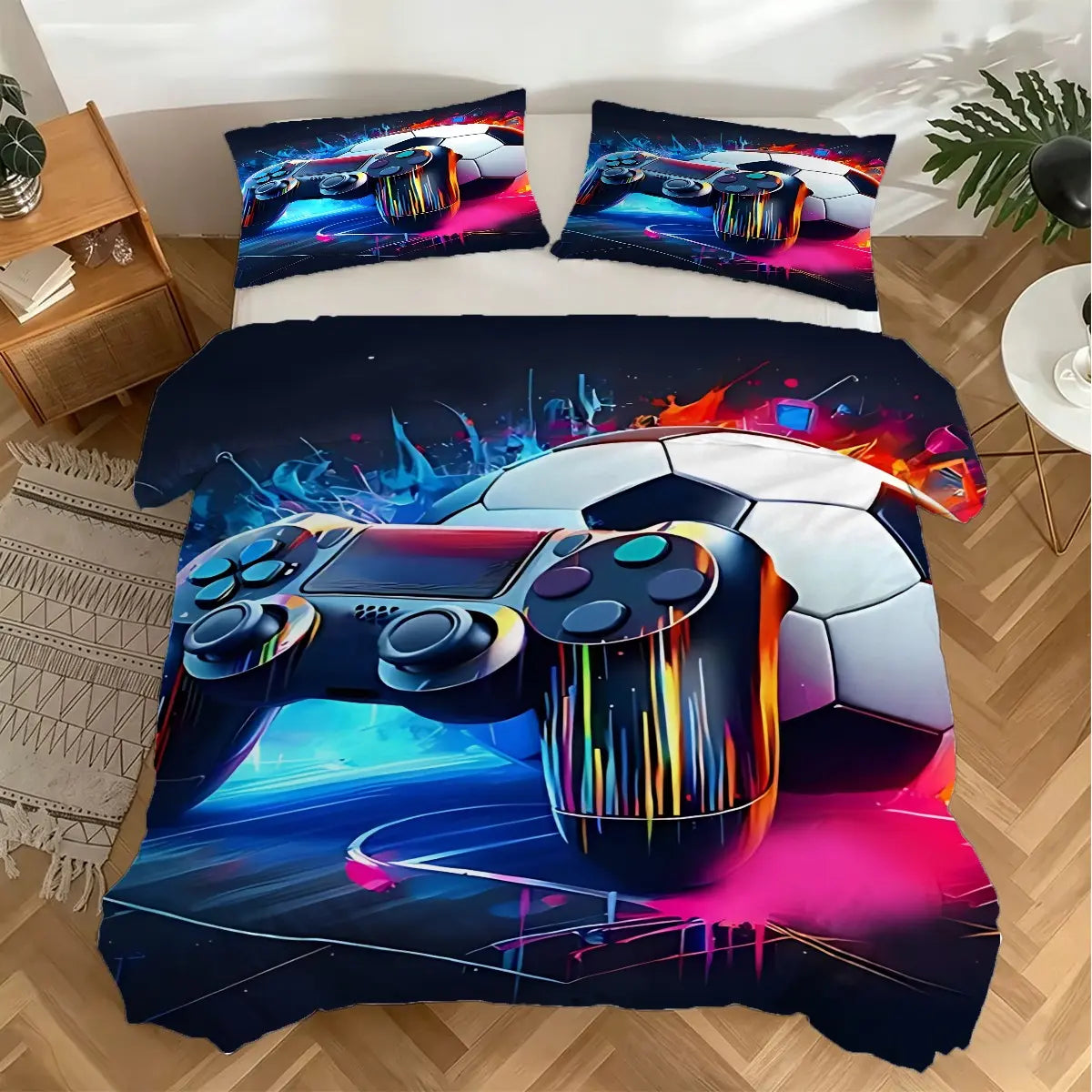 Neon Soccer Game Controller Duvet Cover Set – 2/3‑Piece Sports‑Gaming Bedding Set, Ideal for Teen Gamer Bedroom, Sports‑Esports Room, Man Cave, Game Streamer Room & Guest Room All‑Season Use, without Pillow Core