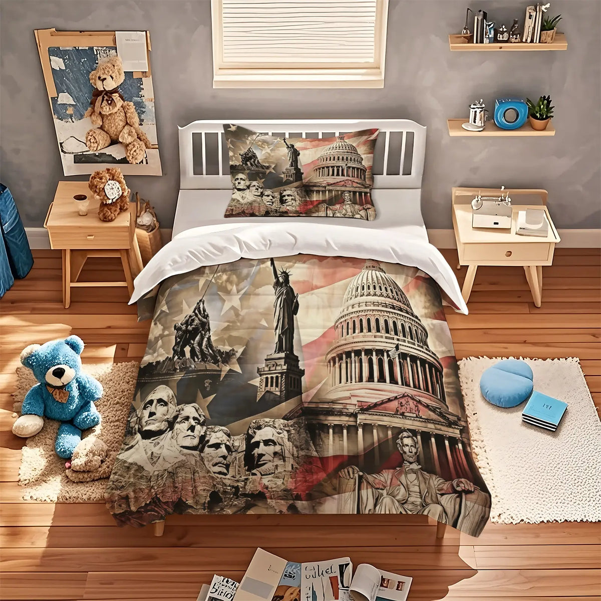 American 250th Anniversary Pattern Quilt Cover Set, Soft And Comfortable Bedding Set (1 Duvet Cover + 1/2 Pillowcase, No Filler), Suitable For Teenagers And Adults, Bedroom, Dormitory, Guest Room Scene