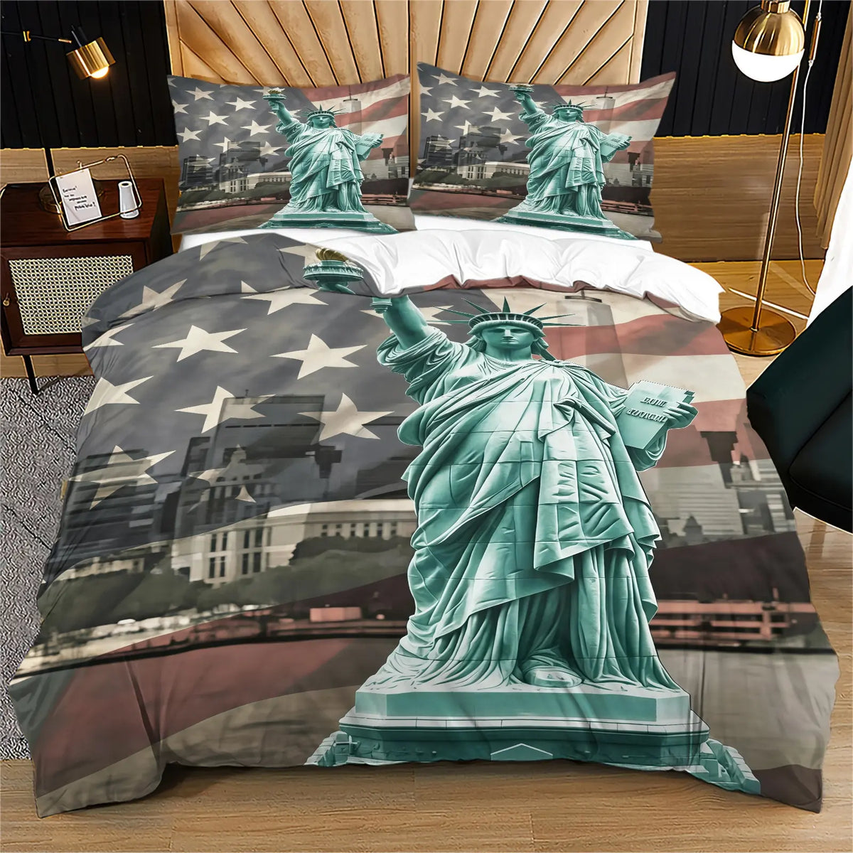 American 250th Anniversary Pattern Quilt Cover Set, Soft And Comfortable Bedding Set (1 Duvet Cover + 1/2 Pillowcase, No Filler), Suitable For Teenagers And Adults, Bedroom, Dormitory, Guest Room Scene