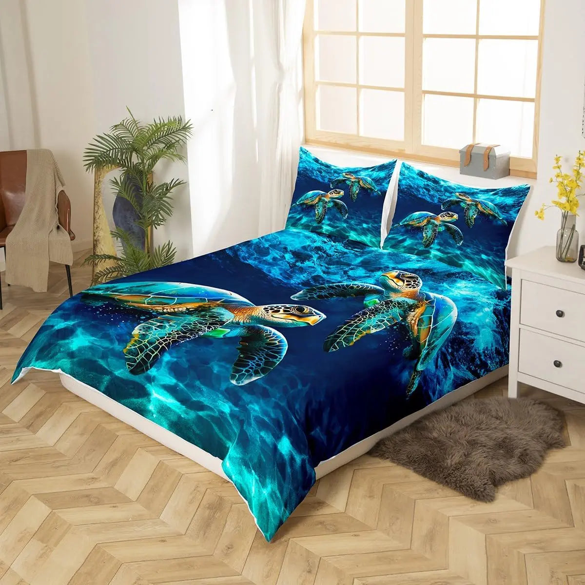Feelyou Blue Pattern Duvet Cover Set - Multi-Size Cloud Bedding, Vibrant Print Animals Sea Turtle Marine Life Decor, Cozy Luxury Textiles for Modern Hawaii Tropical Deep Sea Themed Rooms