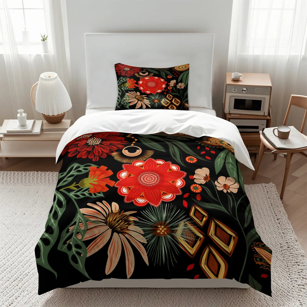 2/3Pcs Boho Floral Duvet Cover Set, Vibrant Tropical Botanical Comforter Cover, Black Background Bohemian Bedding Set with Pillowcases, No Filler, For Women Teen Girls Bedroom Dorm Apartment Home Decor