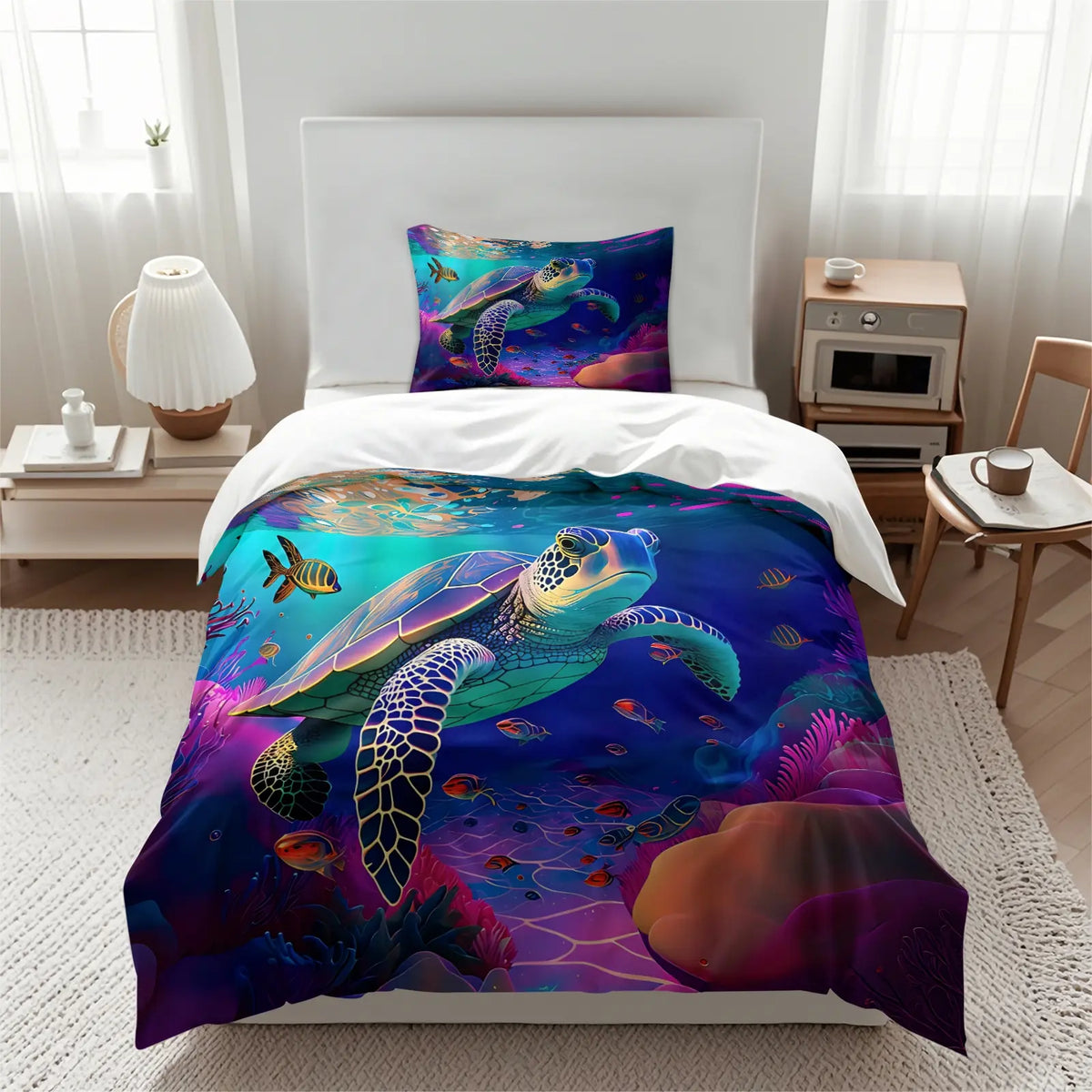 2/3Pcs Ultra Soft Polyester 2Pcs Psychedelic Neon Sea Turtle Coral Reef Duvet Cover Set Easy Care Washable Comforter Cover With Pillowcase Trendy Vibrant Ocean Pattern Home Bedding Decoration