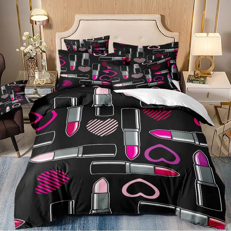 3-piece down duvet cover with lipstick and heart-shaped pattern on black background, 3D digital printed bedding, suitable for home decoration in bedrooms and guest rooms (1 * down duvet cover 2 * pillowcase, no down duvet core), machine washable