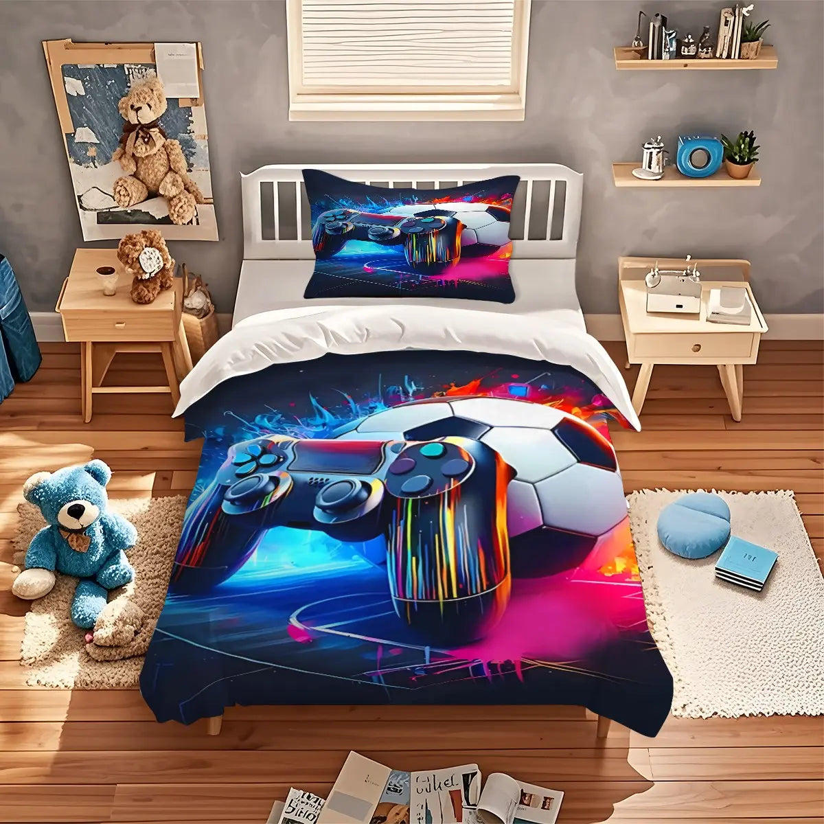 Neon Soccer Game Controller Duvet Cover Set – 2/3‑Piece Sports‑Gaming Bedding Set, Ideal for Teen Gamer Bedroom, Sports‑Esports Room, Man Cave, Game Streamer Room & Guest Room All‑Season Use, without Pillow Core