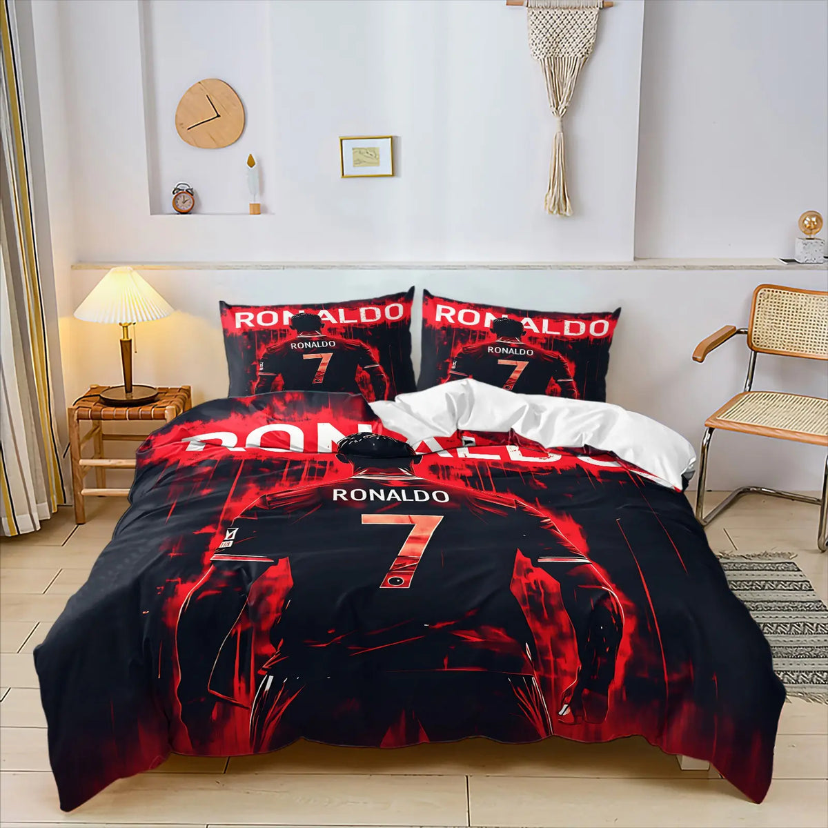 Football Star Ink Print Set & 1-2 Pillowcases-No.7 Player Back View Paired with Red Black Ink Splash Graffiti Art Background-Soft Comfortable Theme Bedding Set-Street Punk StyleBedroom Decor Fan Gift Bed Covers