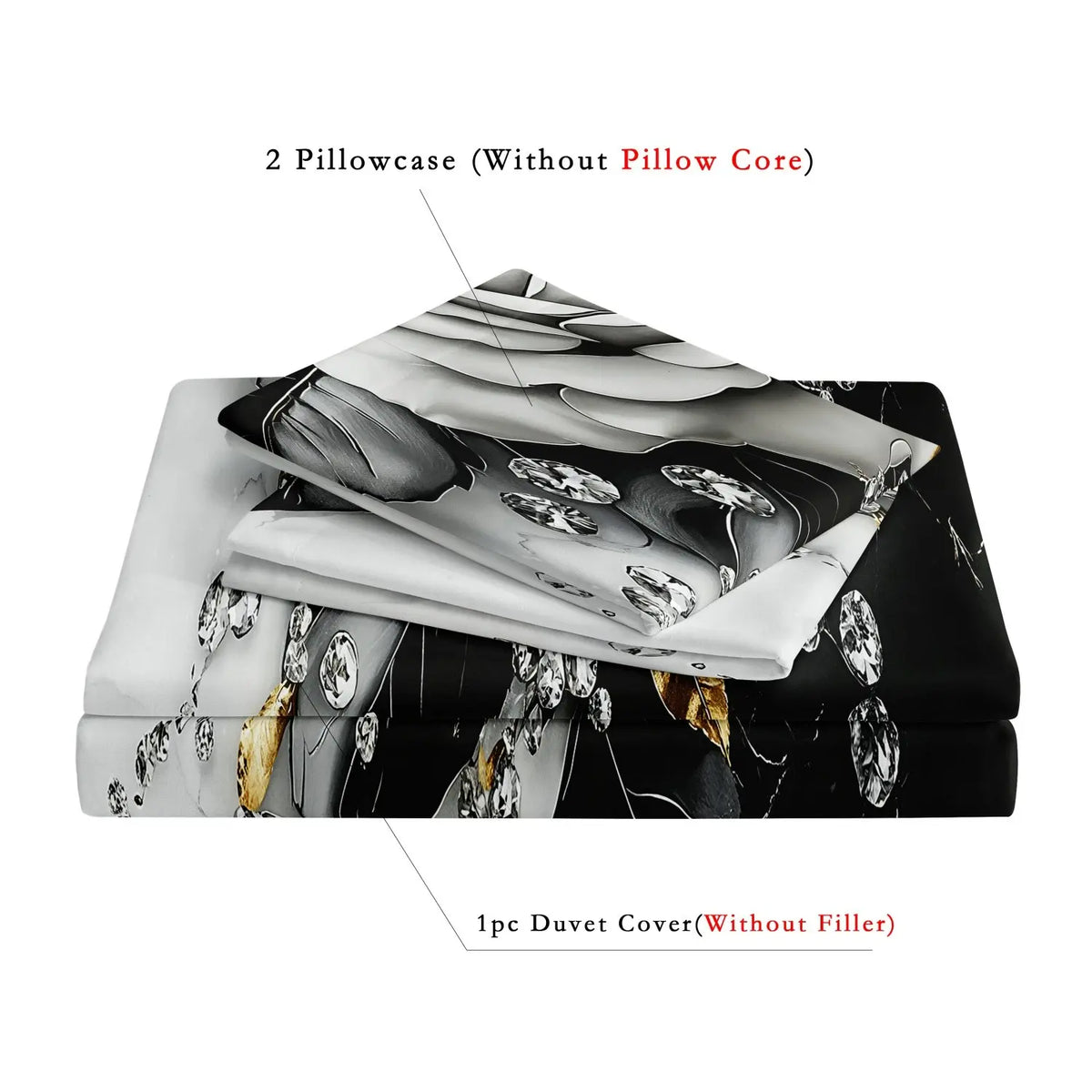 3pcs 3D Featuring Black and White Rose and Crystal Diamond Art Patterns Decorative Duvet Cover Set, Golden leaf chain set duvet cover，Includes 1 Duvet Cover + 2 Pillowcases，Soft and Comfortable Breathable Theme Bedding Set Bed Covers, Comfy Bed Sets