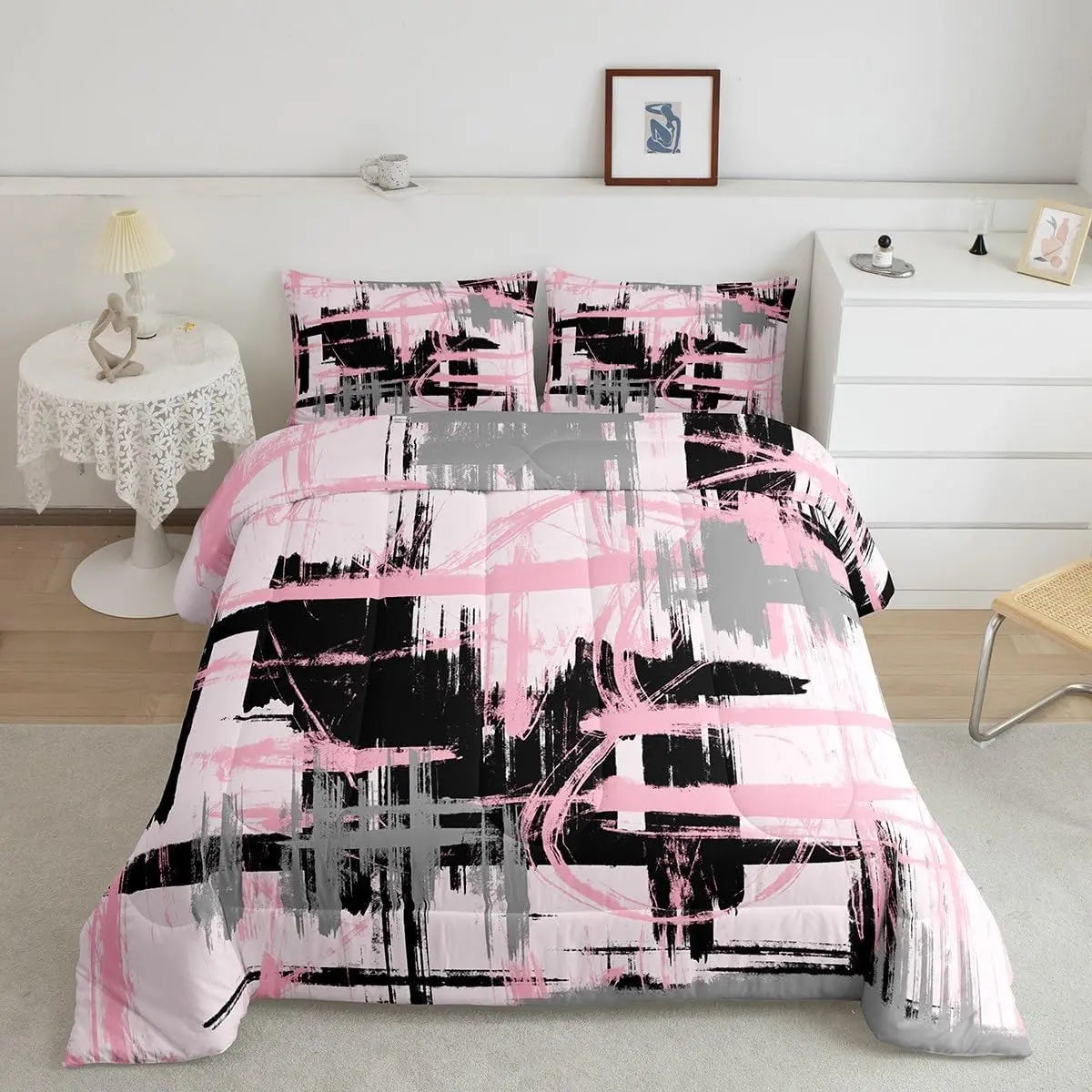 Feelyou Multi-Size Bedroom Bedding Set - Pink, Grey, Black Abstract Geometric Striped Breathable Duvet Set with Home Decor Pillow, Travel-Friendly (Fits Twin and Queen Size Comforter Needs)