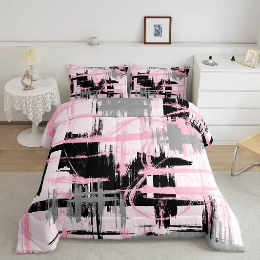 Feelyou Multi-Size Bedroom Bedding Set - Pink, Grey, Black Abstract Geometric Striped Breathable Duvet Set with Home Decor Pillow, Travel-Friendly (Fits Twin and Queen Size Comforter Needs)