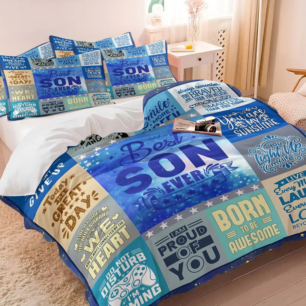 Heartwarming Themed Patchwork Printed Duvet Cover Set,Includes One Duvet Cover and One or Two Pillowcases,“Best SON EVER”Slogan,Heartwarming Quotes Elements,Perfect Gift for Decorating a Child's Bedroom
