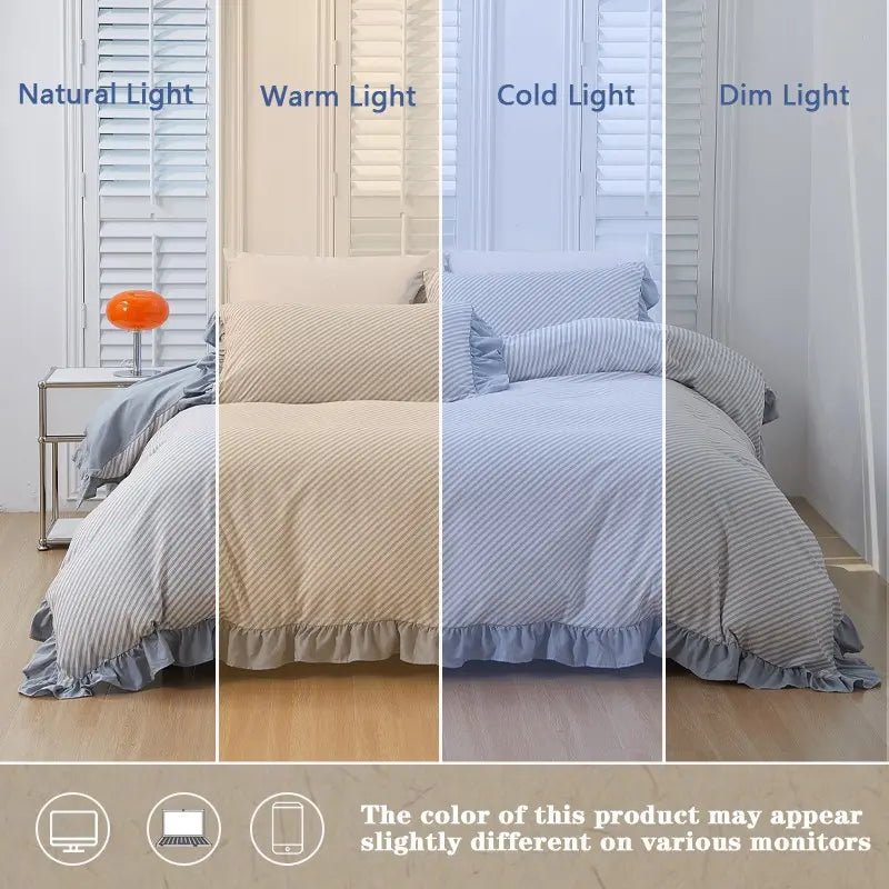 Striped Duvet Cover Set, Ruffled Design, Includes 1 Duvet Cover Without Comforter+ 2 Pillowcases Without PIllow Inserts, Soft and Comfortable, Comfy Bed Sets, Suitable for All Seasons