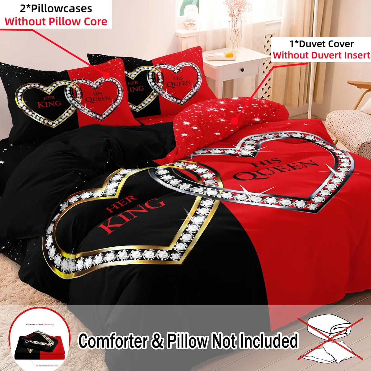 3 PCS Deep Red Rose Heart Design Duvet Cover Set, Bed Covers, Comfy Bedding Sets Decorative Bedding for Bedroom & Hotel, Holiday Gift (1 Duvet Cover + 2 Pillowcases, No Comforter, No Pillow Insert) #GLOBAL PICKS