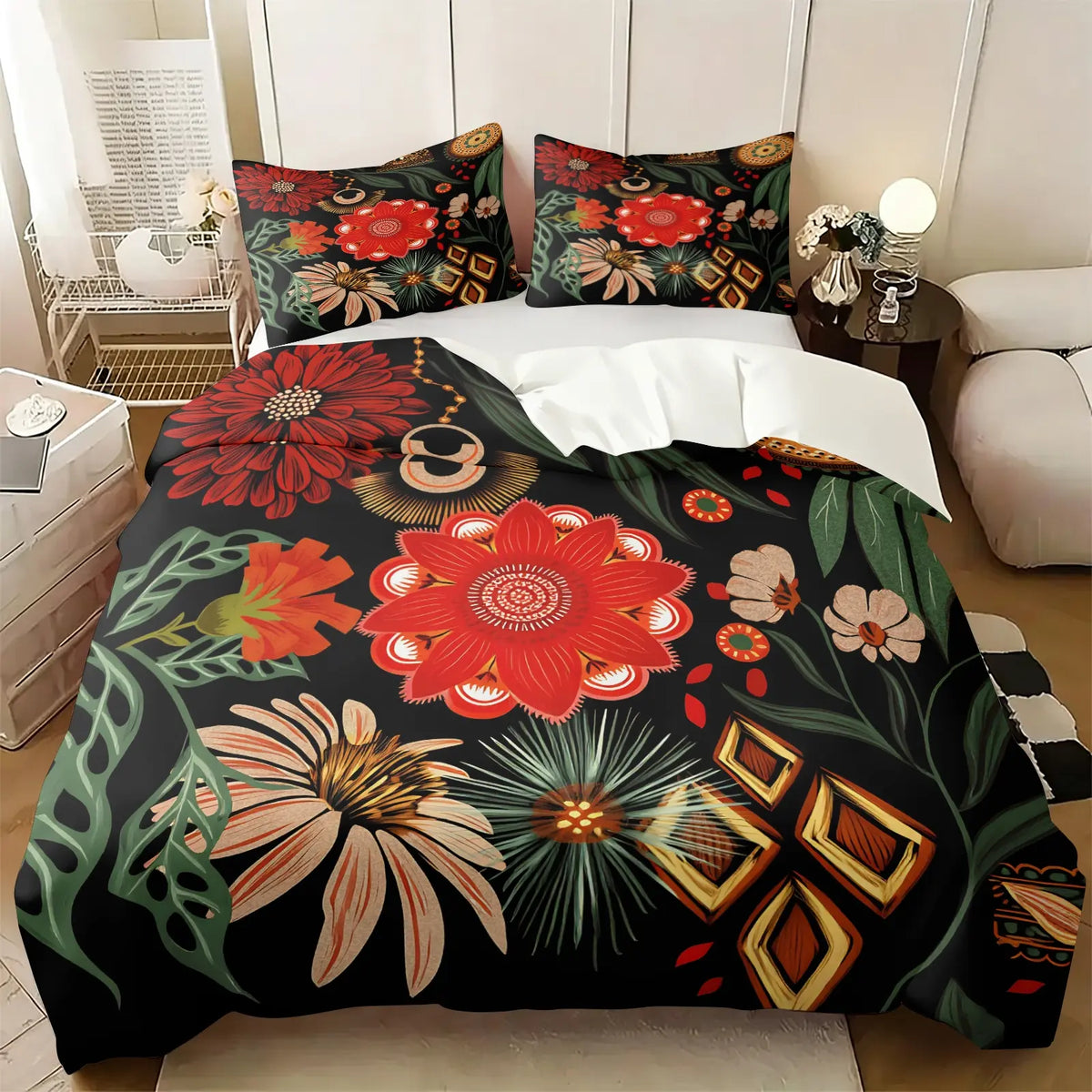 2/3Pcs Boho Floral Duvet Cover Set, Vibrant Tropical Botanical Comforter Cover, Black Background Bohemian Bedding Set with Pillowcases, No Filler, For Women Teen Girls Bedroom Dorm Apartment Home Decor