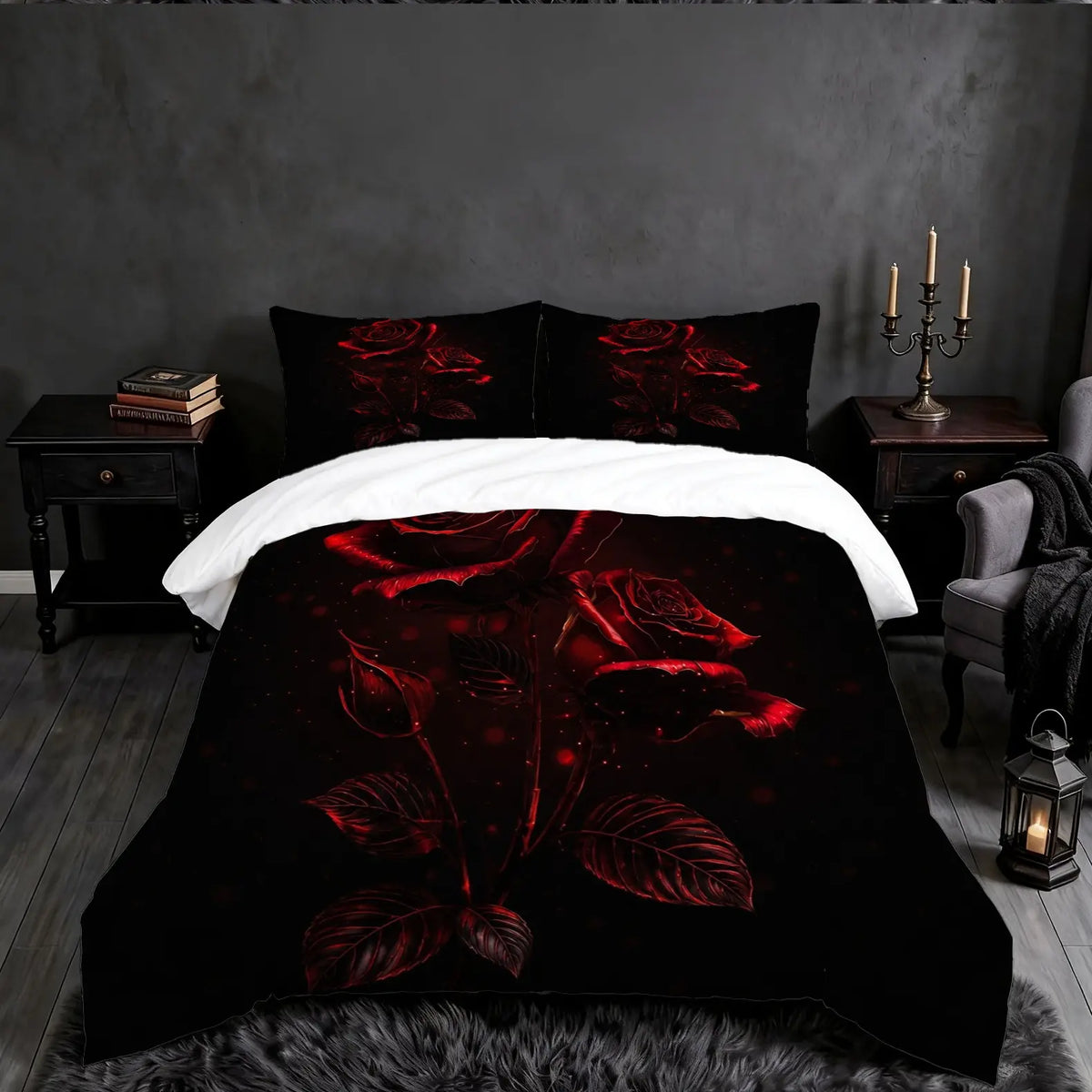 2/3Pcs Gothic Night‑Moon Red Rose Decorative Duvet Cover Set, Dark Romantic‑Style Digital Printed Bedding, No Core, Soft Machine‑Washable Quilt Cover, Perfect for Bedroom, Dorm & Gothic‑Style Enthusiasts, Ideal Home Decor Gift