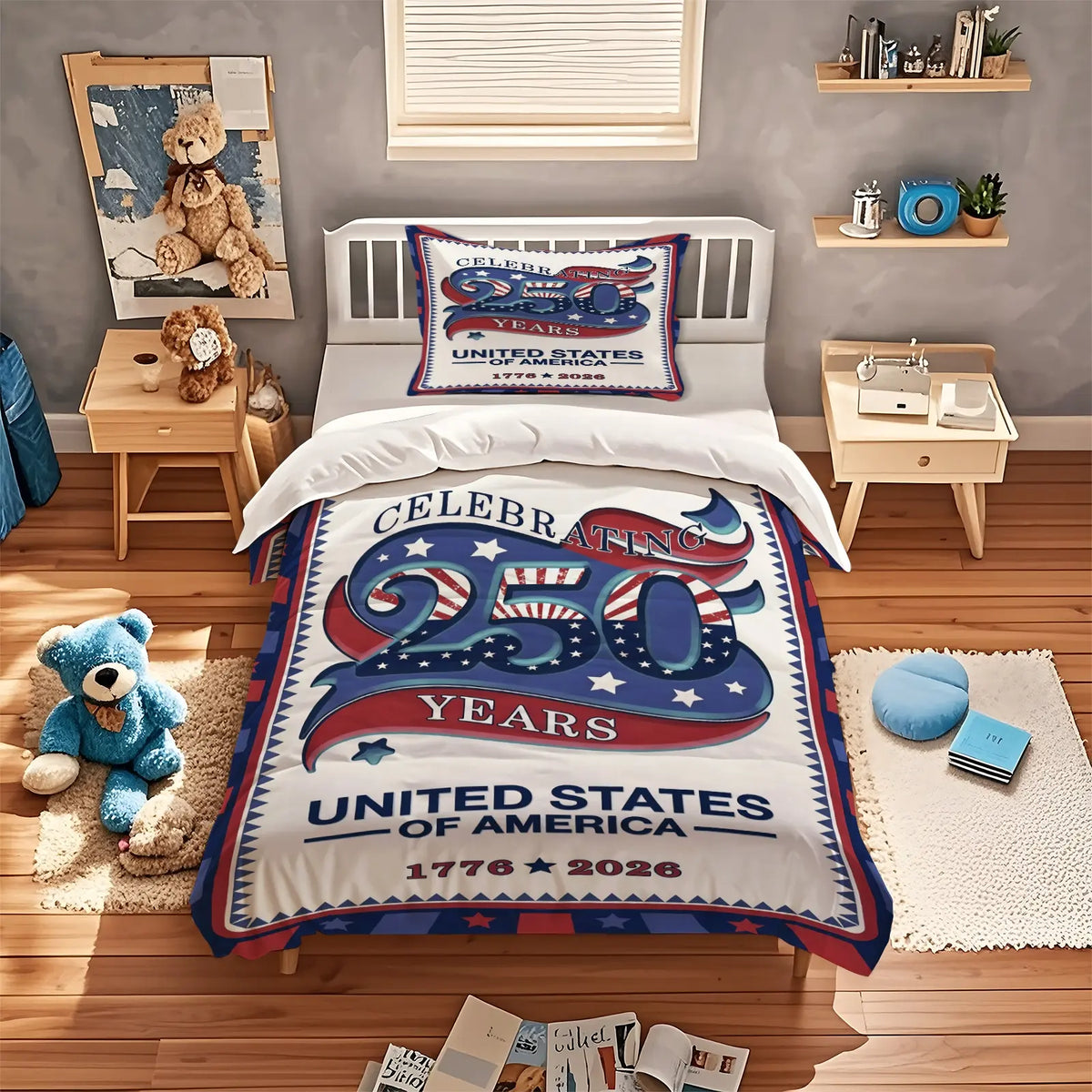 American 250th Anniversary Pattern Quilt Cover Set, Soft And Comfortable Bedding Set (1 Duvet Cover + 1/2 Pillowcase, No Filler), Suitable For Teenagers And Adults, Bedroom, Dormitory, Guest Room Scene