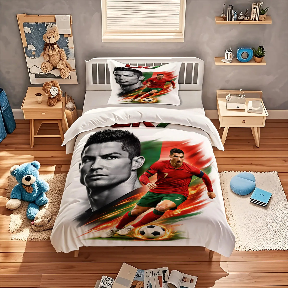 2/3Pcs Trending Soccer Star Illustration Decorative Duvet Cover Sets Theme Bedding Set, Soft Durable for Teens Sports Lovers Bedroom Dorm Decor (No Filler, No Pillow Inserts)