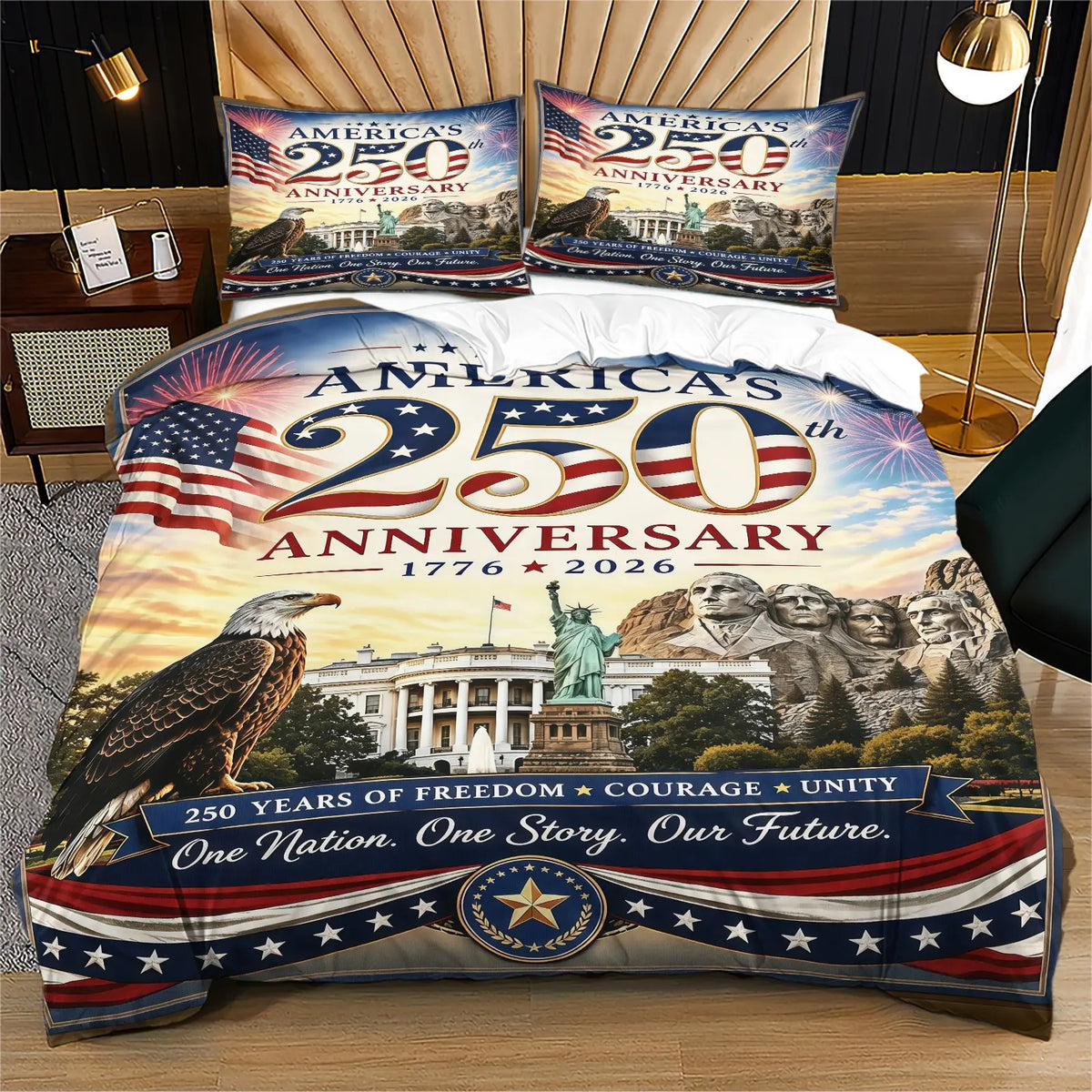 American 250th Anniversary Pattern Quilt Cover Set, Soft And Comfortable Bedding Set (1 Duvet Cover + 1/2 Pillowcase, No Filler), Suitable For Teenagers And Adults, Bedroom, Dormitory, Guest Room Scene
